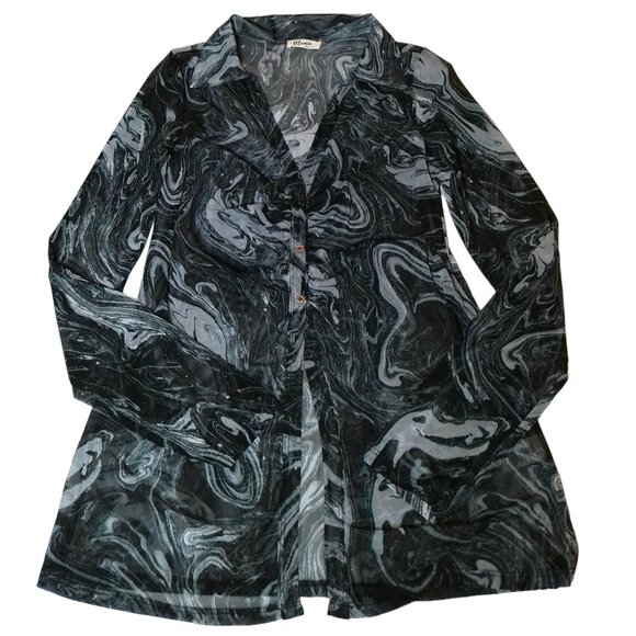 Blouse 3X NWOT button-down shirt slim fit long sleeve sheer abstract black gray - Picture 1 of 5